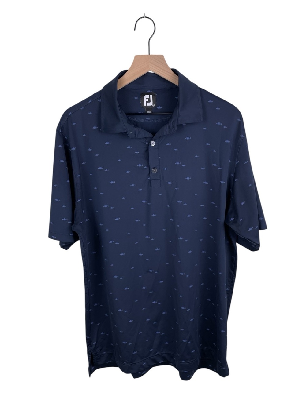 FootJoy School of Fish Print Lisle Self Collar Golf Polo Shirt Size Large Blue
